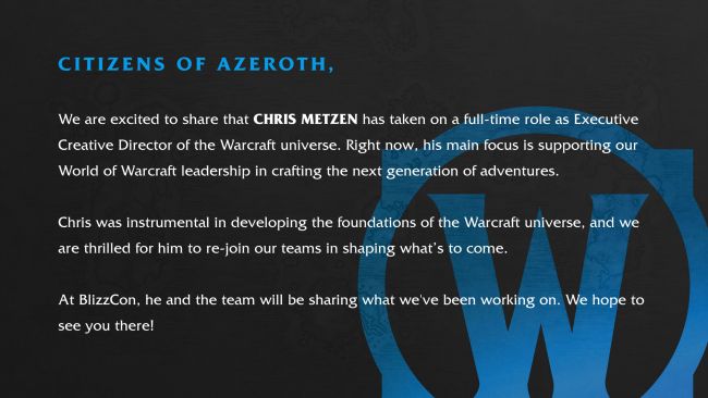 Chris Metzen telah dipromosikan menjadi direktur kreatif eksekutif dari semua hal Warcraft