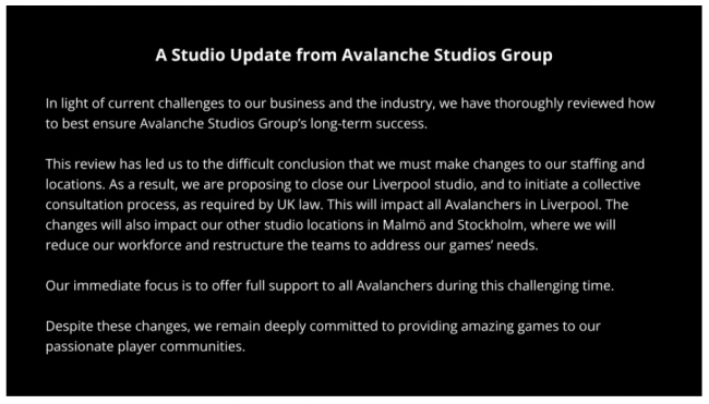 Avalanche Studios menutup kantor Liverpool, memangkas staf di Swedia