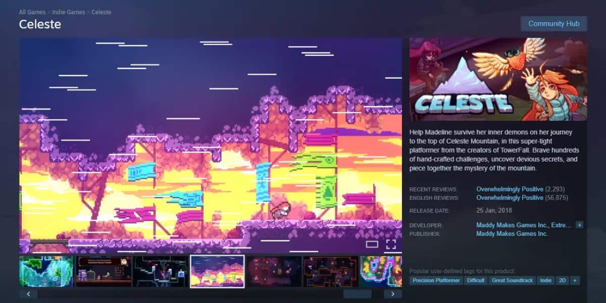 Tangkapan layar halaman toko Steam untuk gim Celeste, menampilkan gambar gameplay dan detail produk.