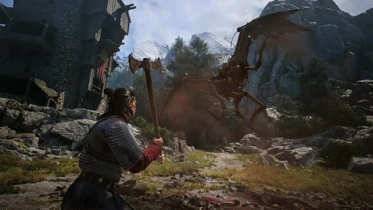 Seorang pejuang dengan kapak besar menghadapi makhluk bersayap di lanskap pegunungan dalam The Blood of Dawnwalker