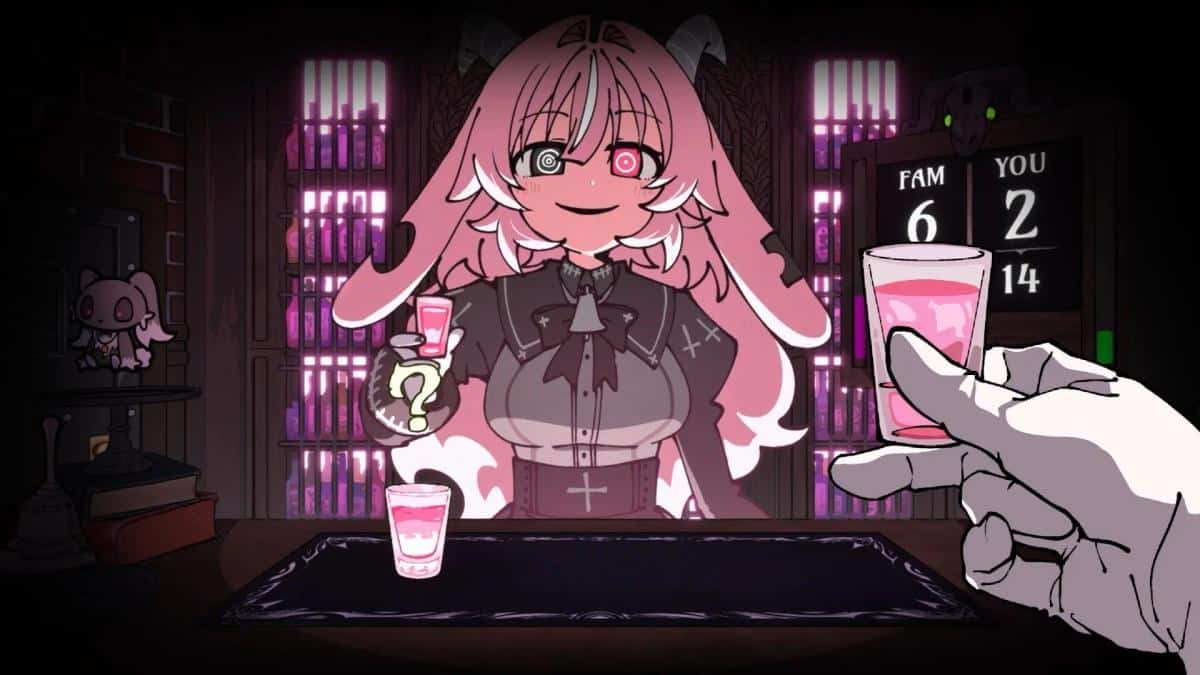 Tangkapan layar gameplay Drunken Goddess Reflux yang menunjukkan karakter anime berambut merah muda saat permainan minum.