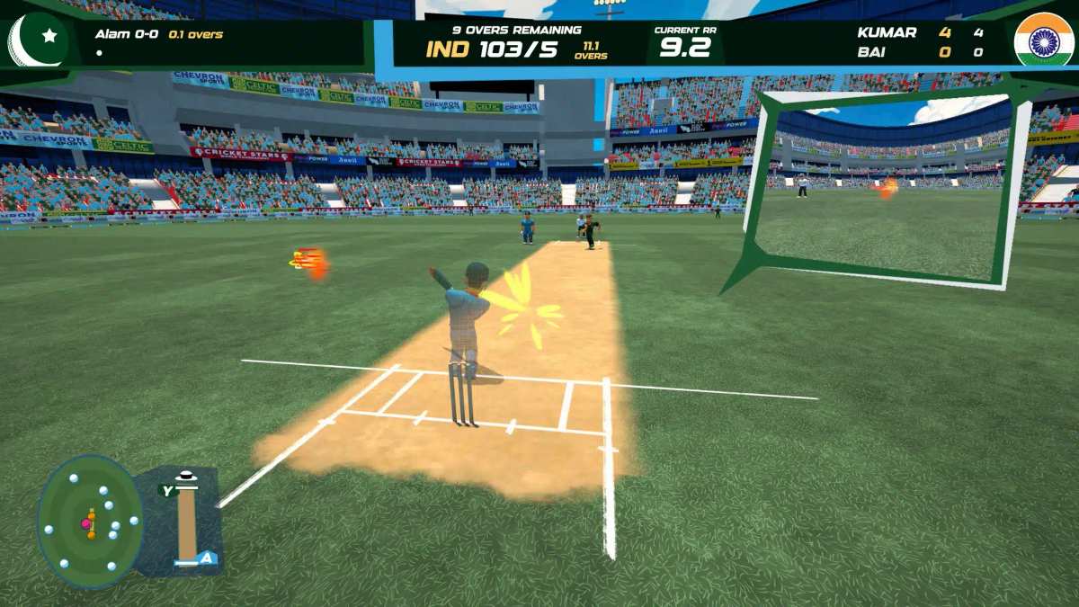 Tangkapan layar gameplay Don Bradman Cricket Jr yang menampilkan pertandingan kriket bergaya stilasi di dalam stadion.